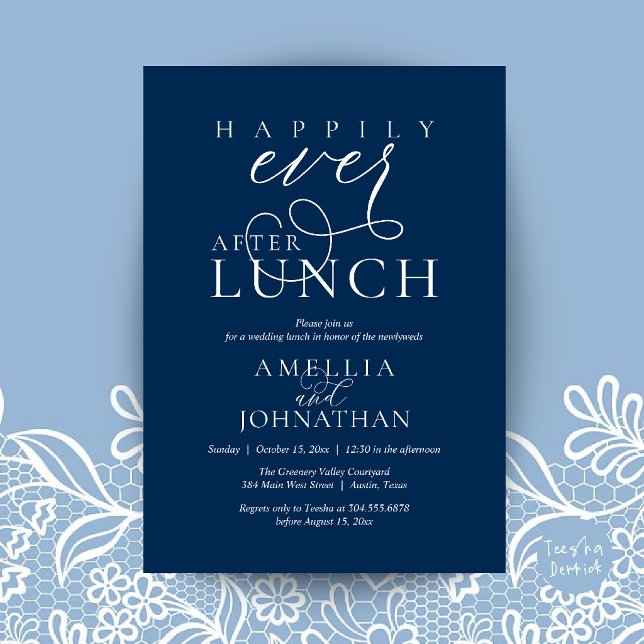 Convites Felizes para Sempre Depois do Almoço Casamento Clá (Happily Ever After Lunch Classy Wedding Elopement Invitation Card in Navy Blue)