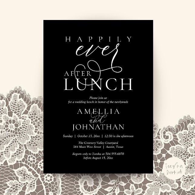 Convites Felizes para Sempre Depois do Almoço Casamento Clá (Happily Ever After Lunch Classy Wedding Elopement Invitation Card in Black and White)