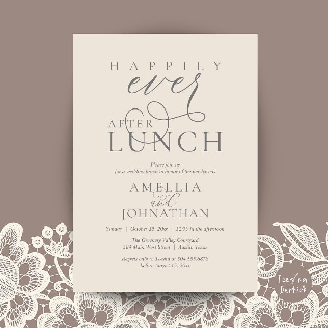 Convites Felizes para Sempre Depois do Almoço Casamento Clá (Happily Ever After Lunch Classy Wedding Elopement Invitation Card in Cream and Grey)