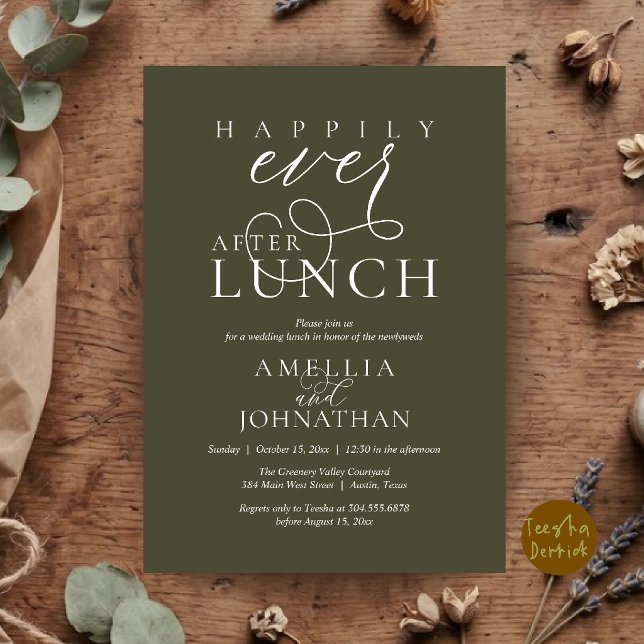 Convites Felizes para Sempre Depois do Almoço Casamento Ele (Happily Ever After Lunch Classy Wedding Elopement Invitation Card in Olive Green)