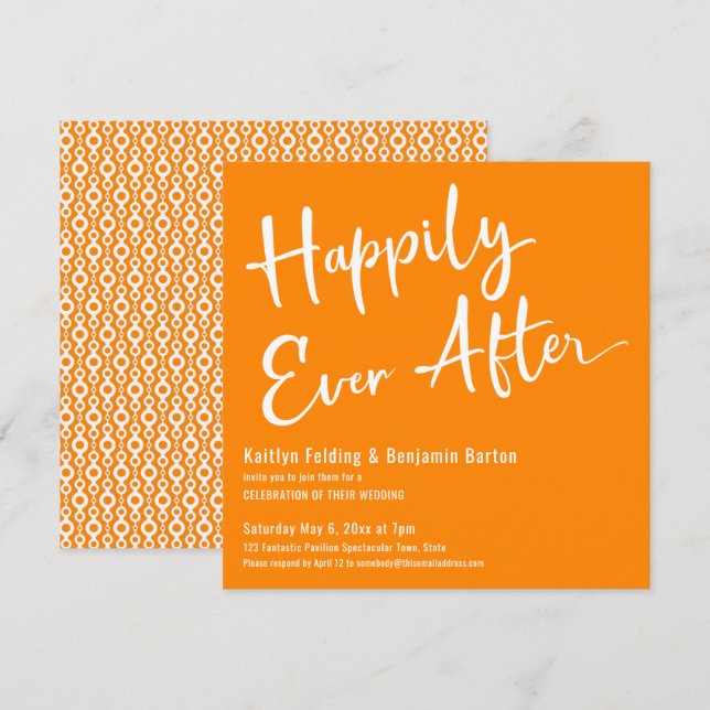 Convites Felizmente Depois Branco Padrão Retro sobre Laranj (Frente/Verso)