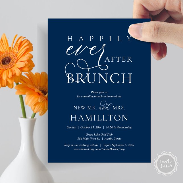 Convites Felizmente Depois Da Celebração De Casamento Poste (Happily Ever After Brunch Post Wedding Celebration Invitation Card, PDF, in Navy Blue)