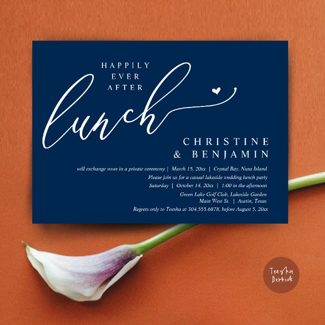 Convites Felizmente Depois Da Celebração Do Almoço De Elope (Happily ever After Lunch Invitation Card, PDF, Post Wedding Elopement, In Navy Blue)