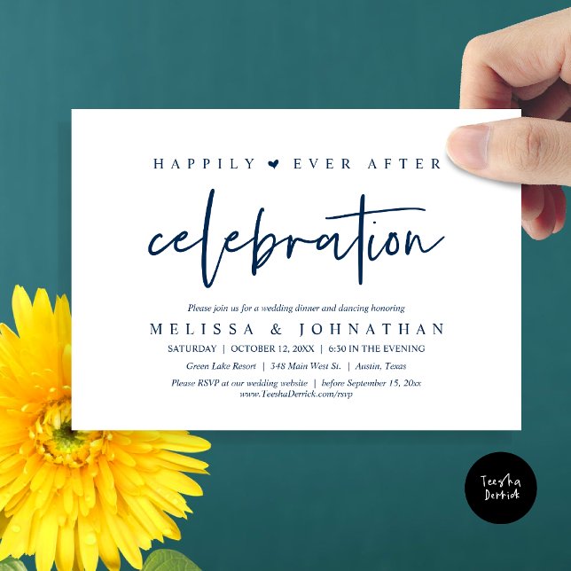Convites Felizmente Depois Da Celebração, Janto De Casament (Happily Ever After Celebration, Wedding Dinner Invitation Card, PDF, Modern Script, in Navy Blue)