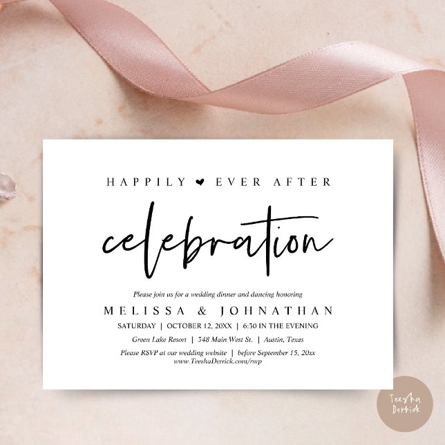 Convites Felizmente Depois Da Celebração, Janto De Casament (Happily Ever After Celebration, Wedding Dinner Invitation Card, PDF, Modern Script, in Black White)