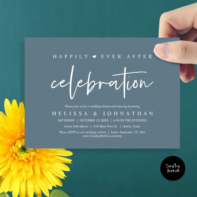 Convites Felizmente Depois Da Celebração, Janto De Casament (Happily Ever After Celebration, Wedding Dinner Invitation Card, PDF, Modern Script, in Dusty Blue)