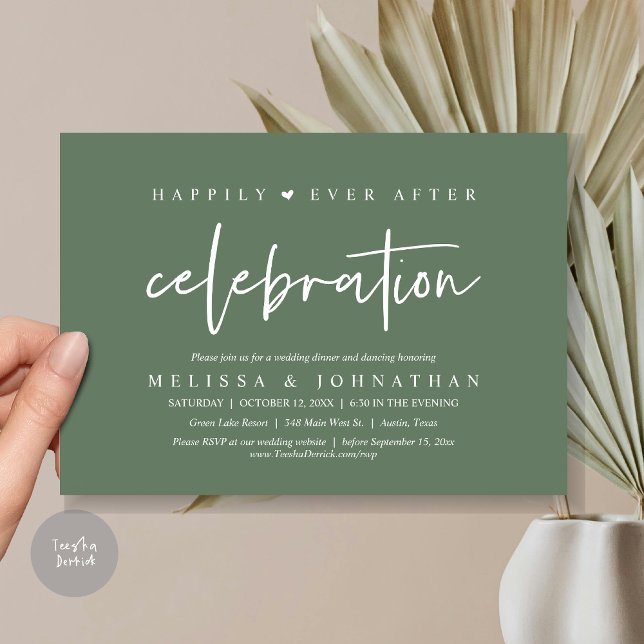 Convites Felizmente Depois Da Celebração, Janto De Casament (Happily Ever After Celebration, Wedding Dinner Invitation Card, PDF, Modern Script, in Sage Green)