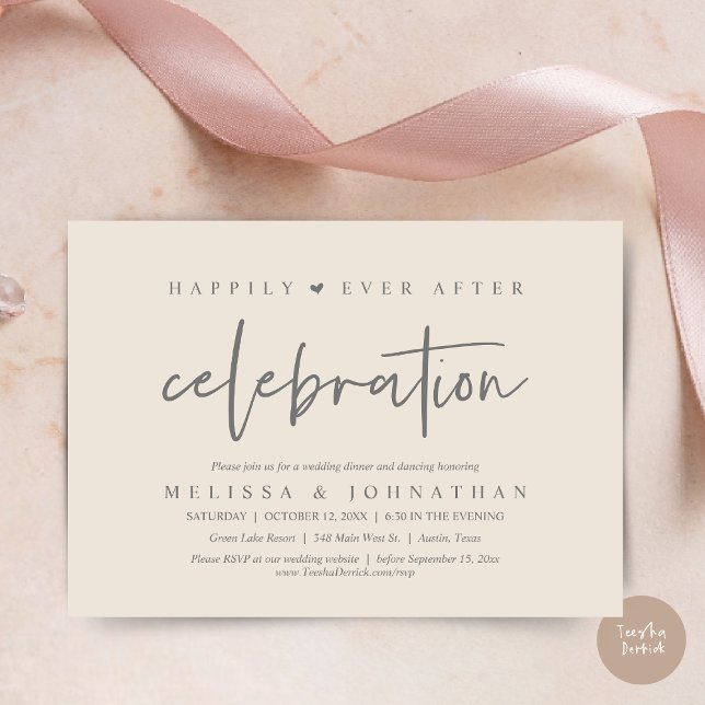 Convites Felizmente Depois Da Celebração, Janto De Casament (Happily Ever After Celebration, Wedding Dinner Invitation Card, PDF, Modern Script, in Cream Grey)