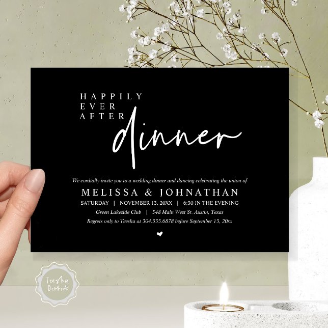 Convites Felizmente Depois Da Dança Do Janto De Casamento (Happily Ever After Party, Modern Wedding Dinner Dancing Party Invitation Card, PDF, Classy Black)