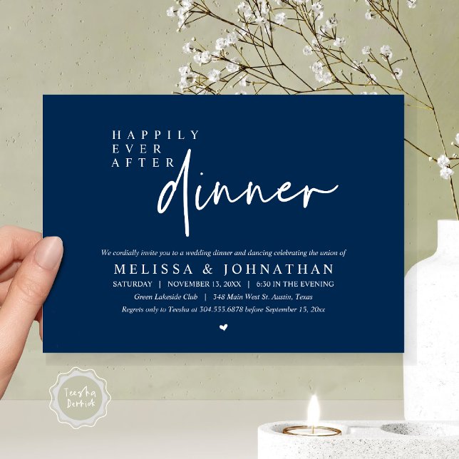 Convites Felizmente Depois Da Festa Jante De Dança De Casam (Happily Ever After Party, Modern Wedding Dinner Dancing Party Invitation Card, PDF, Navy Blue)