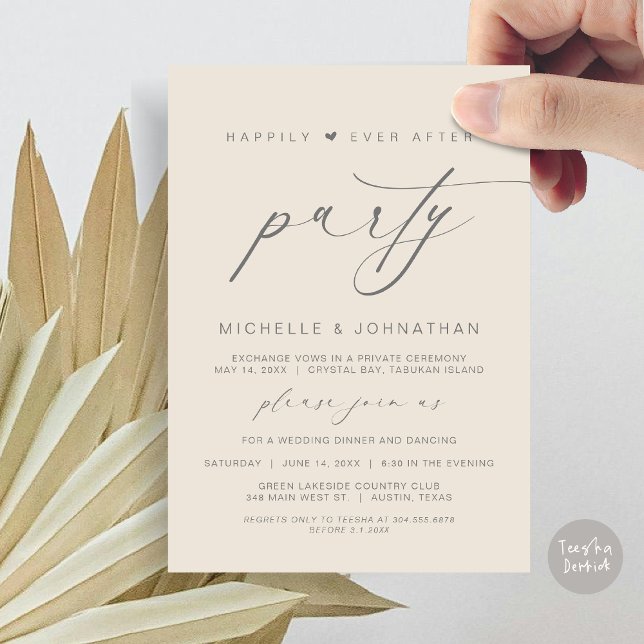 Convites Felizmente Depois Da Festa Jante, Elopemento De Ca (Happily Ever After Party, Wedding Elopement Dinner Brunch Invitation Card, PDF, Cream Grey)
