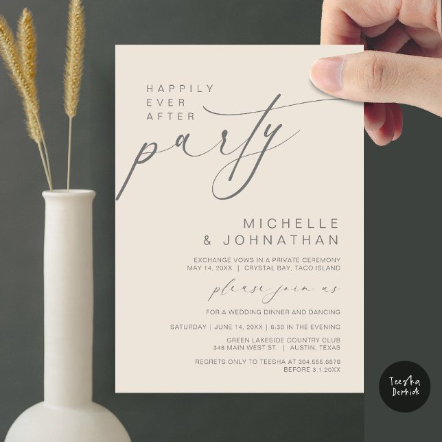 Convites Felizmente Depois Da Festa Jante, Elopemento De Ca (Happily Ever After Party, Wedding Elopement Dinner Brunch Invitation Card, PDF, Cream Grey)