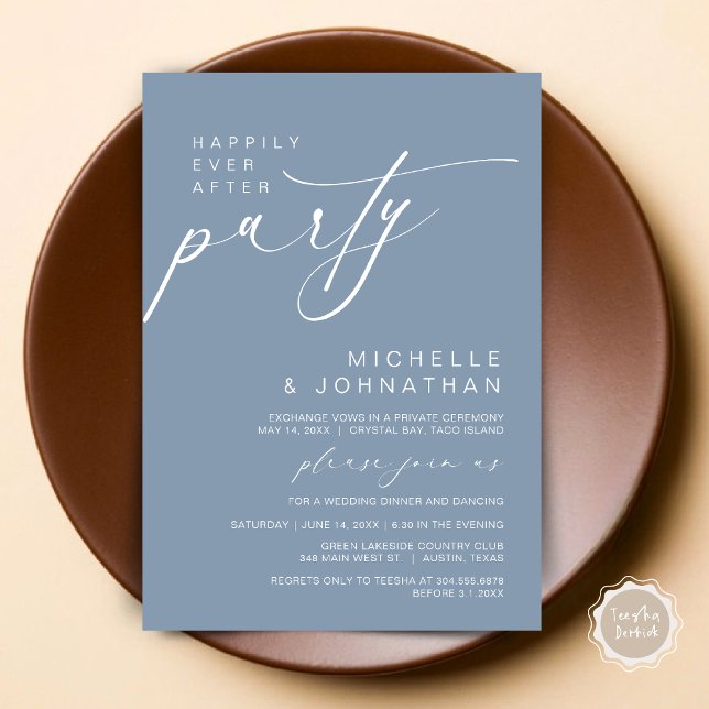 Convites Felizmente Depois Da Festa Jante, Elopemento De Ca (Happily Ever After Party, Wedding Elopement Dinner Brunch Invitation Card, PDF, Dusty Blue)