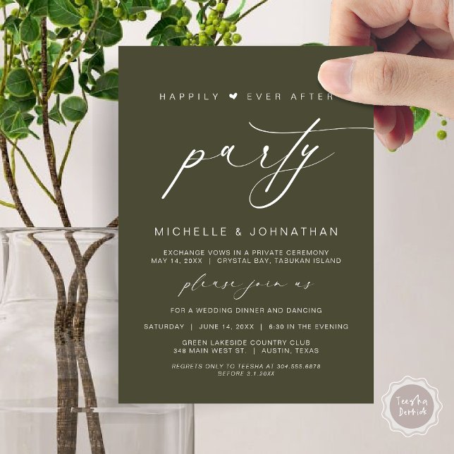 Convites Felizmente Depois Da Festa Jante, Elopemento De Ca (Happily Ever After Party, Wedding Elopement Dinner Brunch Invitation Card, PDF, Olive Green)