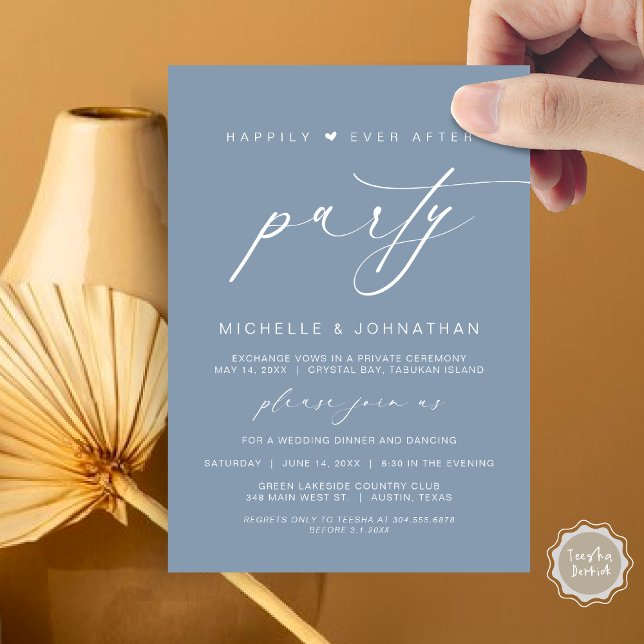 Convites Felizmente Depois Da Festa Jante, Elopemento De Ca (Happily Ever After Party, Wedding Elopement Dinner Brunch Invitation Card, PDF, Dusty Blue)