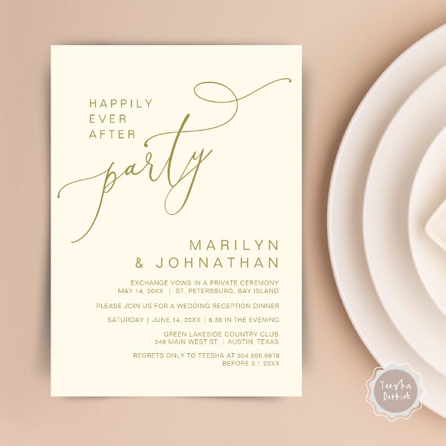 Convites Felizmente Depois da Recepção, Janta e dança (Happily Ever After Reception Dinner and Dancing Cash Bar, Adult only Invitation Card PDF Yellow Gold)