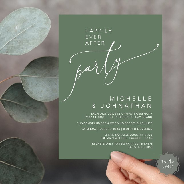 Convites Felizmente Depois da Recepção, Janta e dança (Happily Ever After Reception Dinner and Dancing Cash Bar, Adult only Invitation Card PDF Sage Green)
