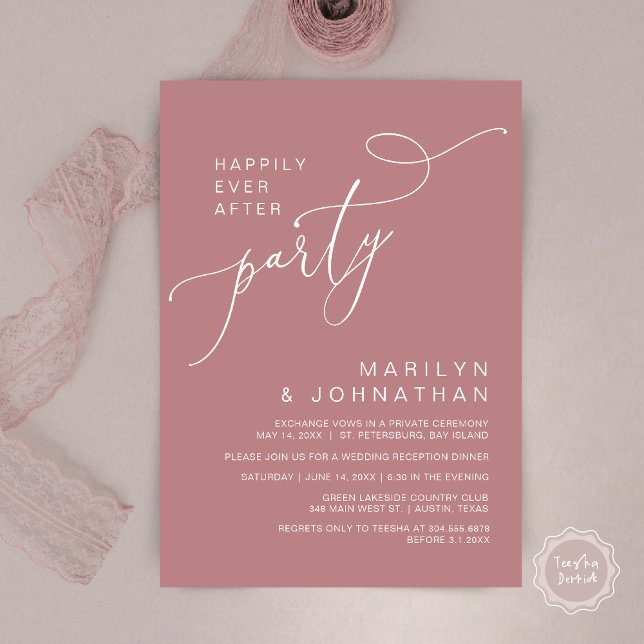 Convites Felizmente Depois da Recepção, Janta e dança (Happily Ever After Reception Dinner and Dancing Cash Bar, Adult only Invitation Card PDF Dusty Rose)