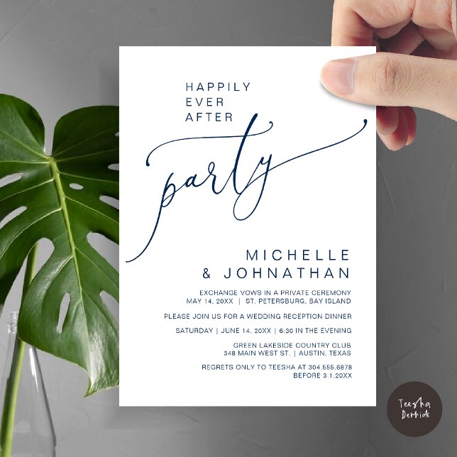 Convites Felizmente Depois da Recepção, Janta e dança (Happily Ever After Reception Dinner and Dancing Cash Bar, Adult only Invitation Card PDF Navy Blue)