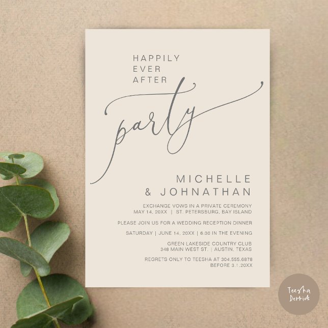 Convites Felizmente Depois da Recepção, Janta e dança (Happily Ever After Reception Dinner and Dancing Cash Bar, Adult only Invitation Card PDF Cream Grey)