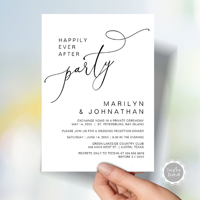 Convites Felizmente Depois da Recepção, Janta e dança (Happily Ever After Reception Dinner and Dancing Cash Bar, Adult only Invitation Card PDF White Black)