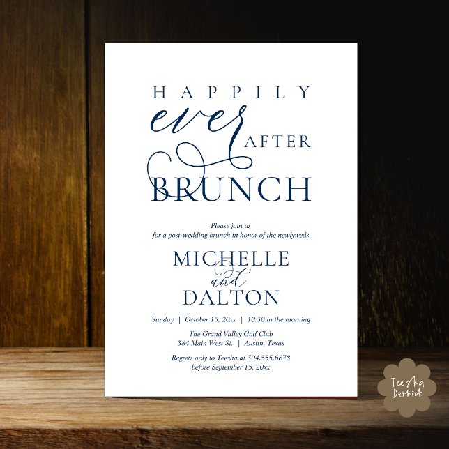 Convites Felizmente Depois De Brunch Belo Casamento Poste (Happily Ever After Brunch Invitation Card PDF Wedding Elopement Modern Romantic Classy Navy Blue)