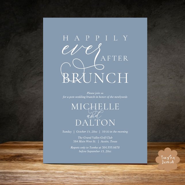 Convites Felizmente Depois De Brunch Belo Casamento Poste (Happily Ever After Brunch Invitation Card PDF Wedding Elopement Modern Romantic Classy Dusty Blue)