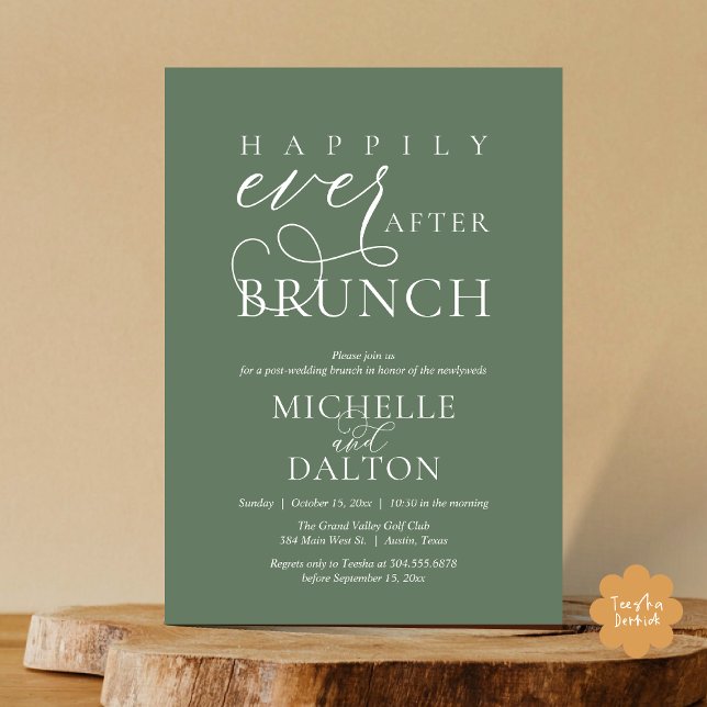 Convites Felizmente Depois De Brunch Belo Casamento Poste (Happily Ever After Brunch Invitation Card PDF Wedding Elopement Modern Romantic Classy Sage Green)