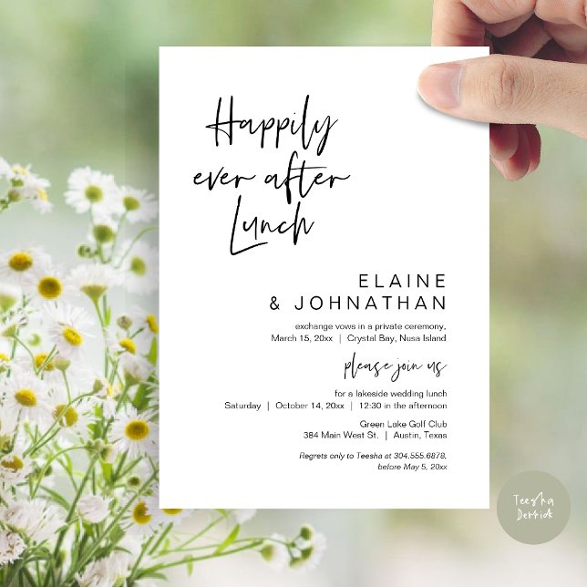 Convites Felizmente Depois De Brunch, Elopemento De Casamen (Happily Ever After Lunch, Modern Wedding Elopement Party Invitation Card, PDF, in Black and White)