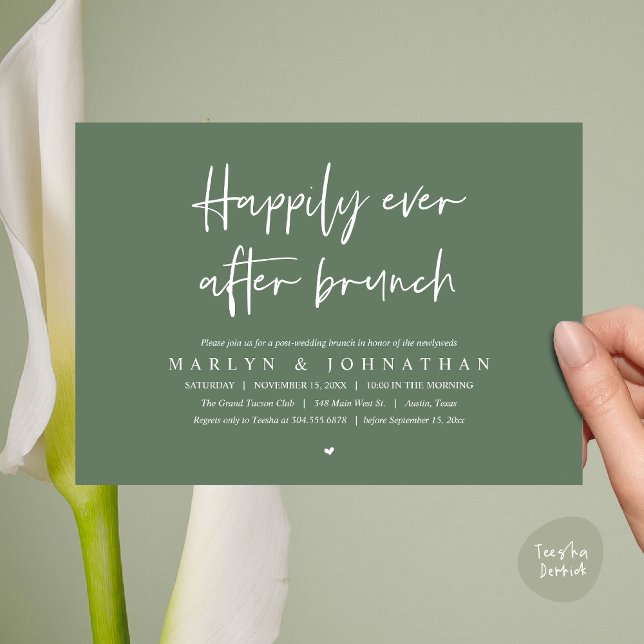 Convites Felizmente Depois De Brunch, Elopemento De Casamen (Happily Ever After Brunch, Modern Romantic Post Wedding Invitation Card, PDF, Greenery sage green)