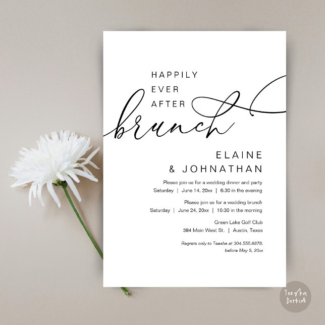 Convites Felizmente Depois De Brunch, Festa De Elopemento D (Happily Ever After Brunch Invitation Card, PDF, in Modern Romantic Script, Black and White)