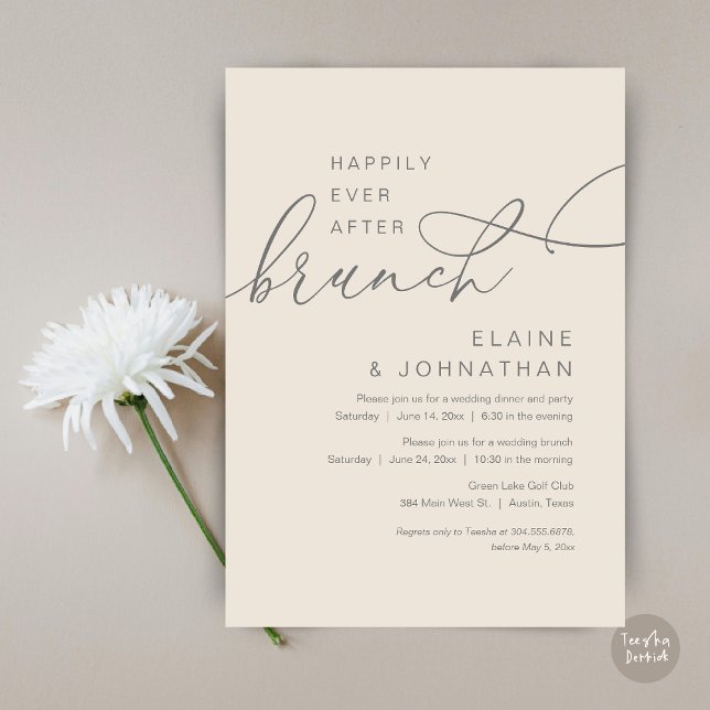 Convites Felizmente Depois De Brunch, Festa De Elopemento D (Happily Ever After Brunch Invitation Card, PDF, in Modern Romantic Script, Cream Grey)