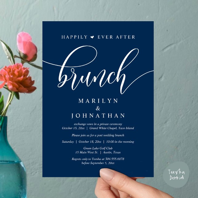 Convites Felizmente Depois De Brunch, Poste Casamento (Happily Ever After Lunch, Wedding Party Invitation Card PDF Modern Beautiful Navy Blue)