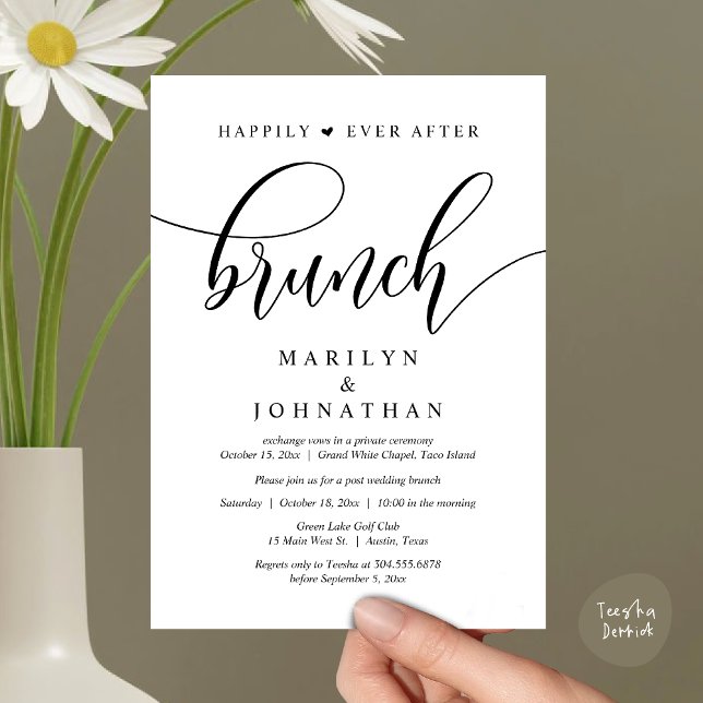 Convites Felizmente Depois De Brunch, Poste Casamento (Happily Ever After Lunch, Wedding Party Invitation Card PDF Modern Beautiful White Black)