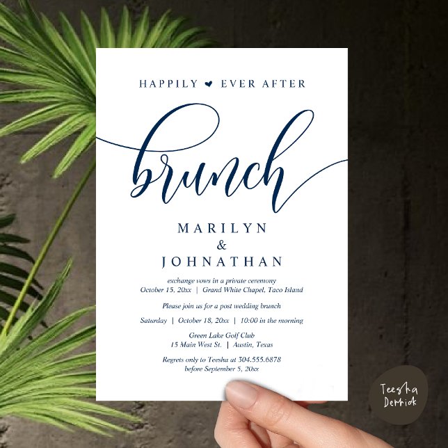 Convites Felizmente Depois De Brunch, Poste Casamento (Happily Ever After Lunch, Wedding Party Invitation Card PDF Modern Beautiful Navy Blue)