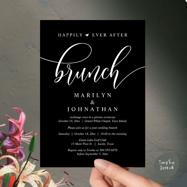 Convites Felizmente Depois De Brunch, Poste Casamento (Happily Ever After Lunch, Wedding Party Invitation Card PDF Modern Beautiful Classy Black)