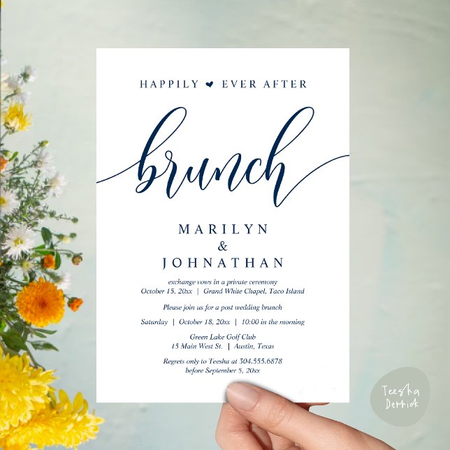 Convites Felizmente Depois De Brunch, Poste Casamento (Happily Ever After Lunch, Wedding Party Invitation Card PDF Modern Beautiful Navy Blue)
