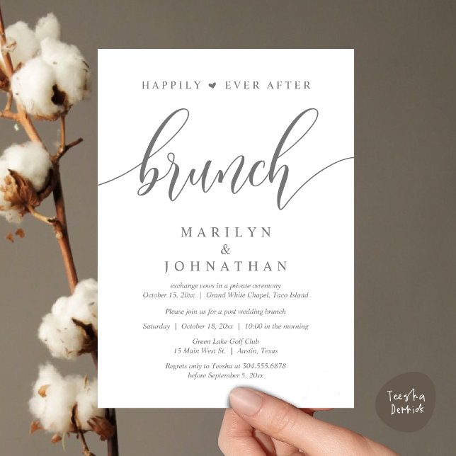 Convites Felizmente Depois De Brunch, Poste Casamento (Happily Ever After Brunch, Wedding Party Invitation Card PDF Modern Beautiful Dark Grey)