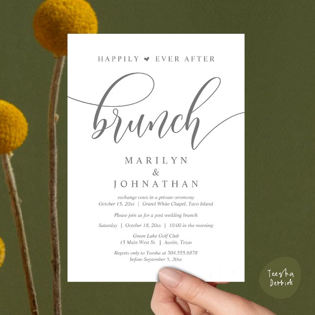 Convites Felizmente Depois De Brunch, Poste Casamento (Happily Ever After Brunch, Wedding Party Invitation Card PDF Modern Beautiful Dark Grey)