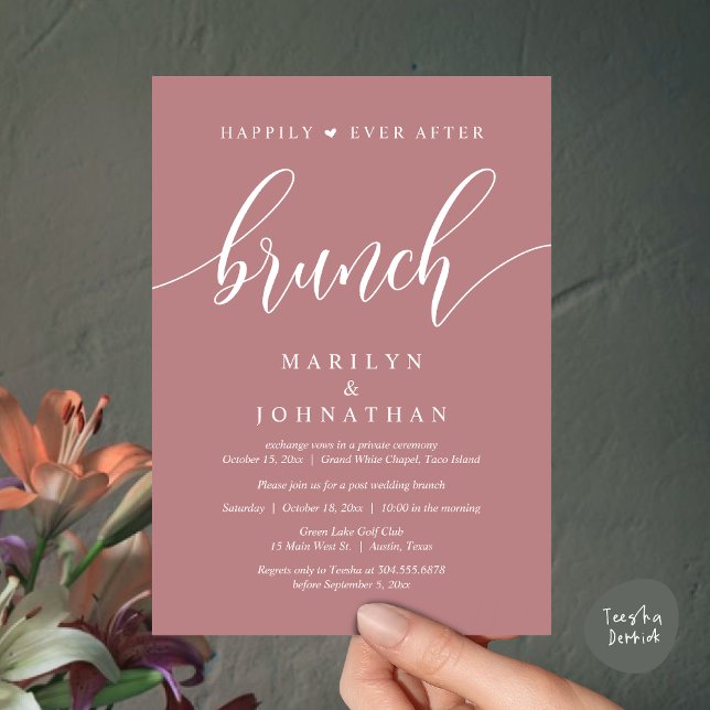 Convites Felizmente Depois De Brunch, Poste Casamento (Happily Ever After Brunch, Wedding Party Invitation Card PDF Modern Beautiful Dusty Rose Pink)