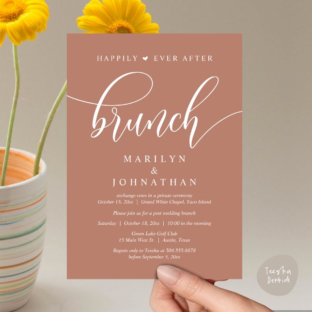 Convites Felizmente Depois De Brunch, Poste Casamento (Happily Ever After Brunch, Wedding Party Invitation Card PDF Modern Beautiful Terracotta Earthy)