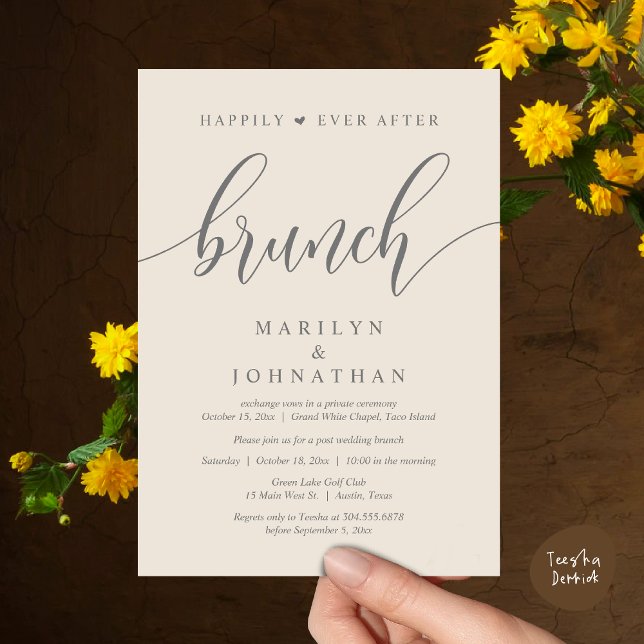 Convites Felizmente Depois De Brunch, Poste Casamento (Happily Ever After Brunch, Wedding Party Invitation Card PDF Modern Beautiful Cream Grey)