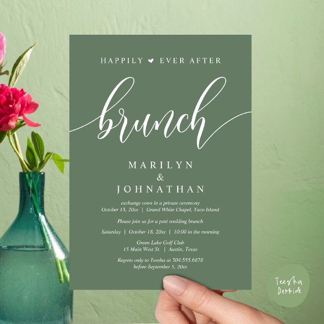 Convites Felizmente Depois De Brunch, Poste Casamento (Happily Ever After Brunch, Wedding Party Invitation Card PDF Modern Beautiful Greenery Sage Green)