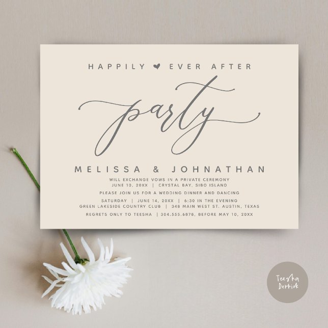Convites Felizmente Depois De Janto De Casamento Com Cinzas (Modern Romantic Wedding Elopement Happily Ever After Dinner Party Invitation Card, PDF, Cream Grey)