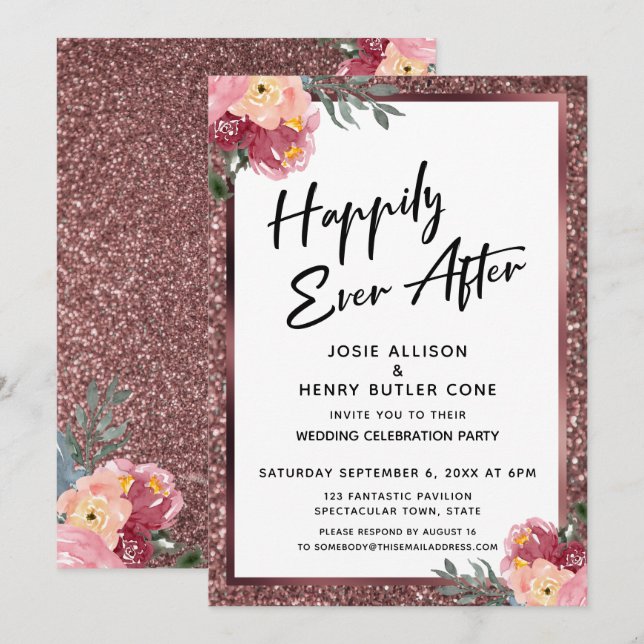 Convites Felizmente, depois de Rosa Dourado brilho e flores (Frente/Verso)