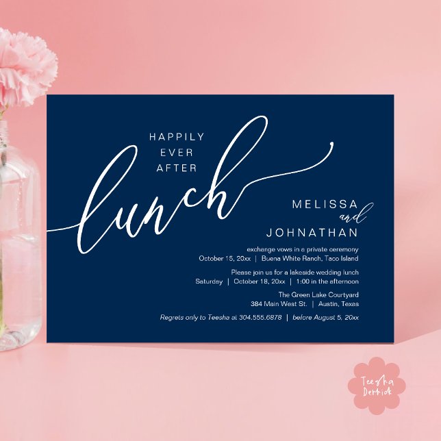 Convites Felizmente Depois Do Almoço Casamento Poste Românt (Happily Ever After Lunch Romantic Post Wedding Invitation Card PDF in Navy Blue)
