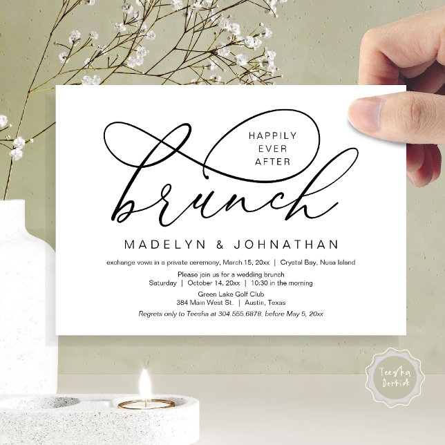 Convites Felizmente Depois Do Almoço, Elopemento De Casamen (Happily Ever After Brunch, Wedding Elopement Party Invitation Card, PDF, Classy, Black and White)