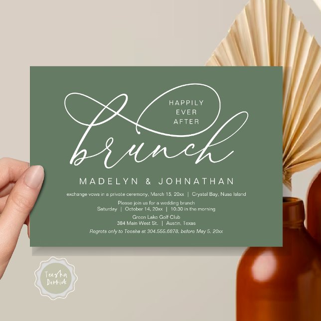 Convites Felizmente Depois Do Almoço, Elopemento De Casamen (Happily Ever After Brunch, Wedding Elopement Party Invitation Card, PDF, Classy, Forest Sage Green)