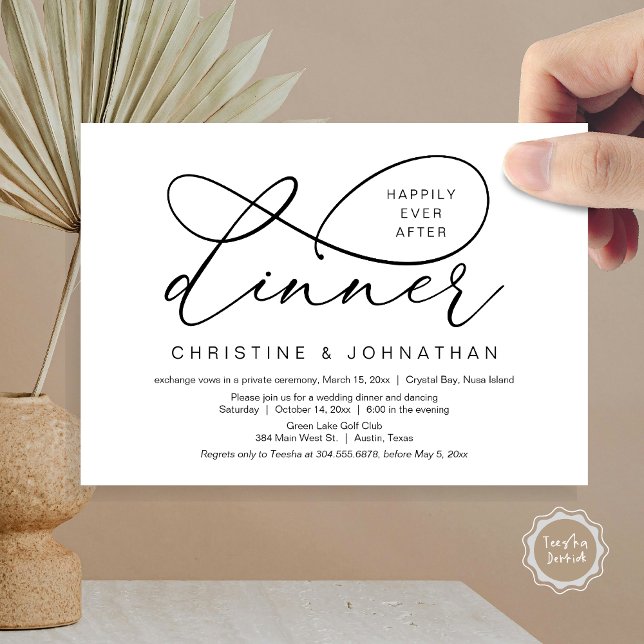 Convites Felizmente Depois Do Almoço, Elopemento De Casamen (Happily Ever After Dinner, Wedding Elopement Invitation Card, Classy Script, in Black and White)