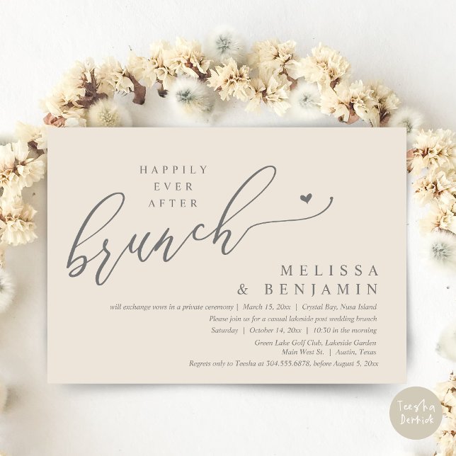 Convites Felizmente Depois Do Alopemento De Casamento De Br (Happily Ever After Brunch, Modern Romantic Heart Wedding Elopement Card, PDF, in Cream Dark Grey)
